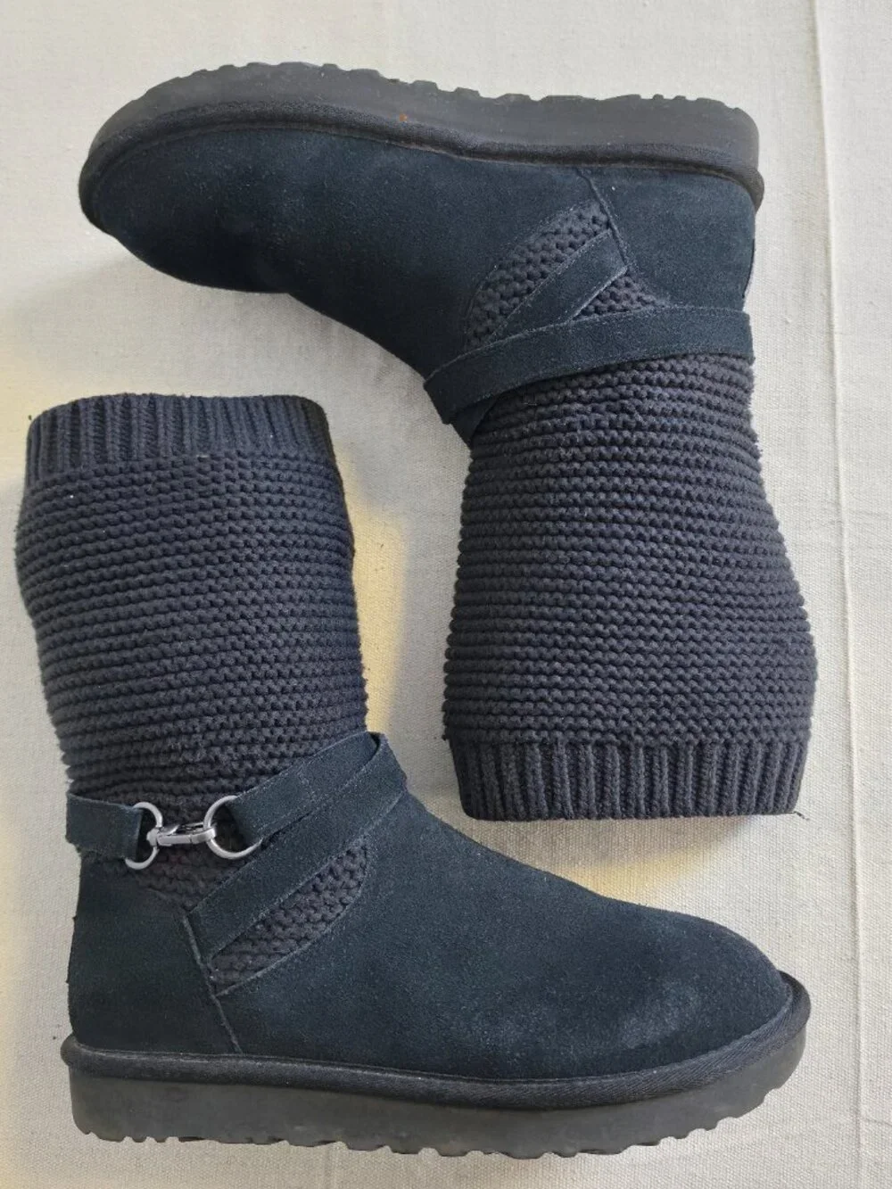 UGG Purl Strap Boot 1098080 Black Suede Knit Cuff Wool Lined Women's Size 10
